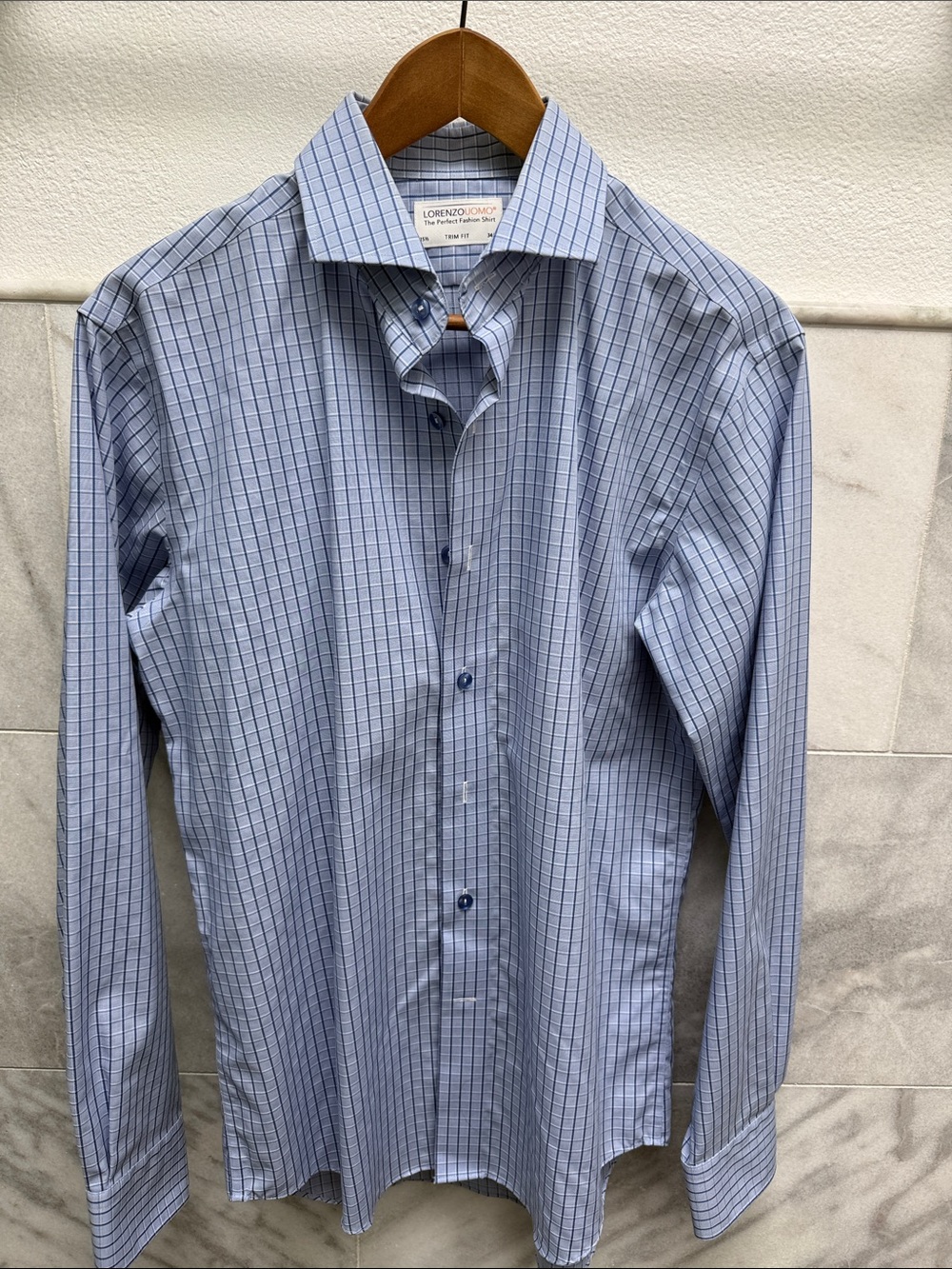 Lorenzo Uomo Blue Checked Spread-Collar Dress Shirt